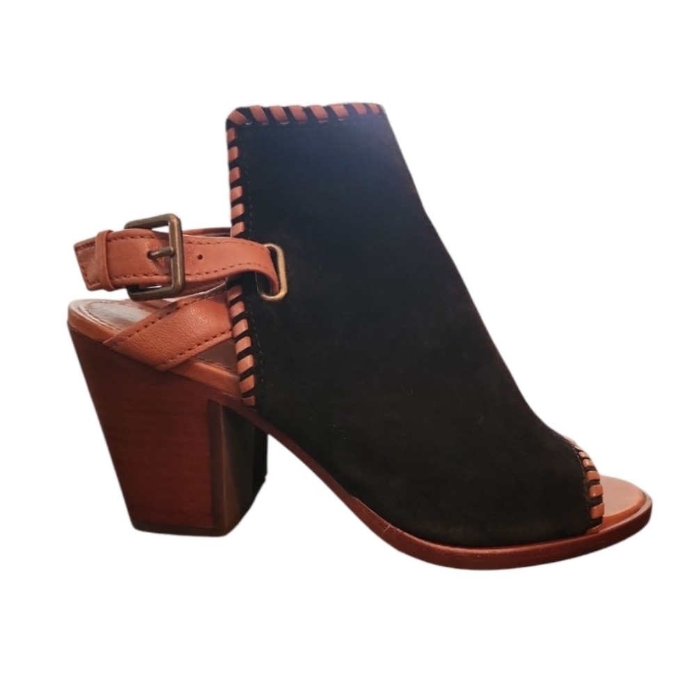 FRYE Dani Heels Shield Sling Whipstitch Women Size 7M Sandal Black Suede Buckle